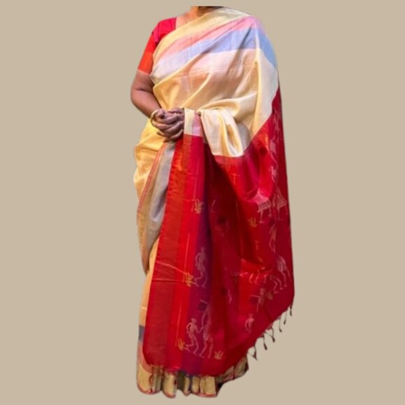 Butter yellow Red Cotton Silk Saree with Tribal Motif diwali pastel haldi - Picture 3 of 17